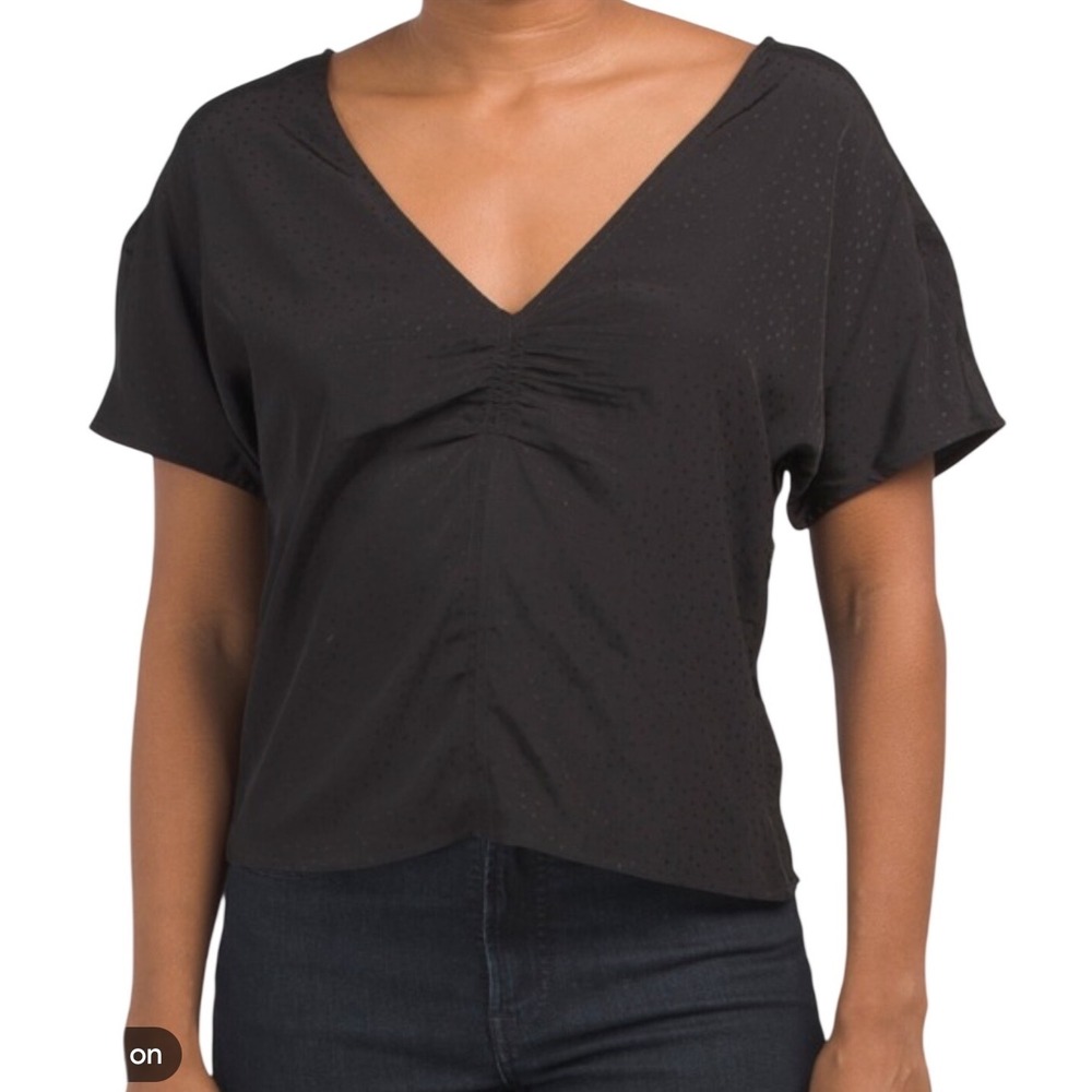 Madewell Ruth Black Floral Jacquard Ruched V-Neck Top Size 8 Short Sleeve Blouse